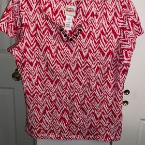 Red and White V-Neck Blouse